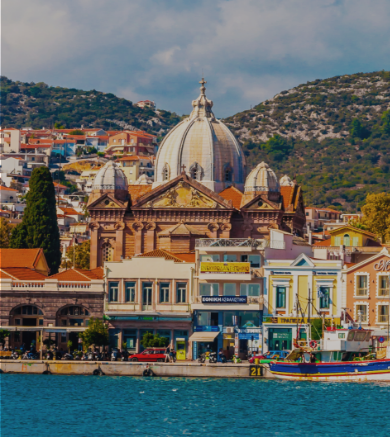 Mytilene waterfront and medieval castle, capital of Lesvos Greece